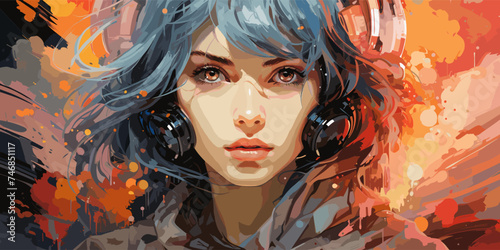 Portrait of anime cyber girls with huge light sword. Illustration in the retro style film. vector flat bright colors