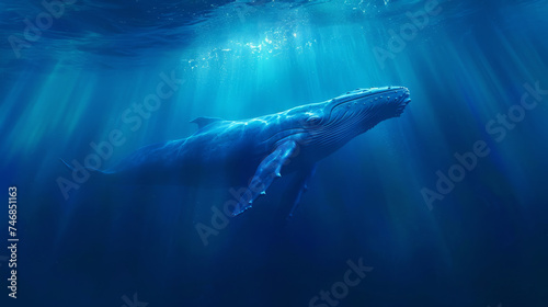 Craft a visual narrative set in a cinematically styled deep blue sea. Envision a colossal blue whale gliding through the water, illuminated by sunbeams that penetrate the ocean's surface © Christian