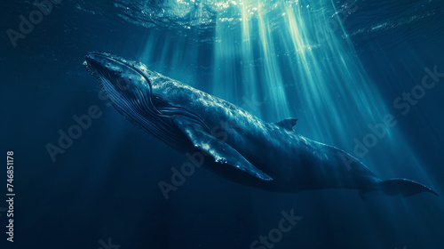 Craft a visual narrative set in a cinematically styled deep blue sea. Envision a colossal blue whale gliding through the water, illuminated by sunbeams that penetrate the ocean's surface photo