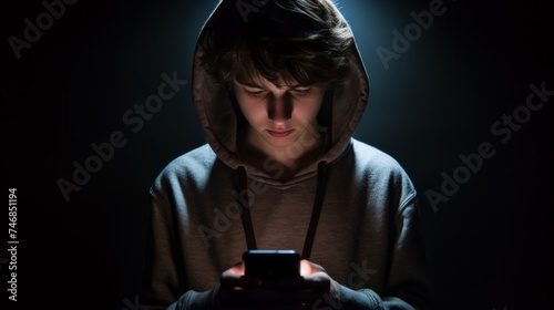teenage boy with cell phone in the dark
