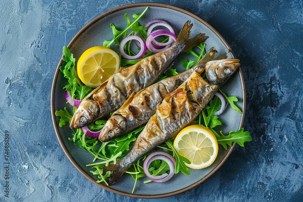 Serving of deep fried sardines with arugula salad lemon and white onion ...