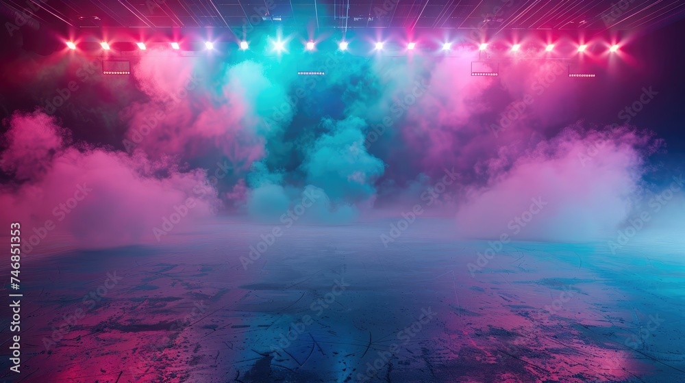 Bright stadium arena lights, Smoke bombs, empty dark scene, neon light, spotlights The concrete floor and studio room with smoke float up the interior texture, night view for display products