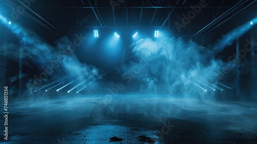 Bright stadium arena lights, Smoke bombs, empty dark scene, neon light, spotlights The concrete floor and studio room with smoke float up the interior texture, night view for display products