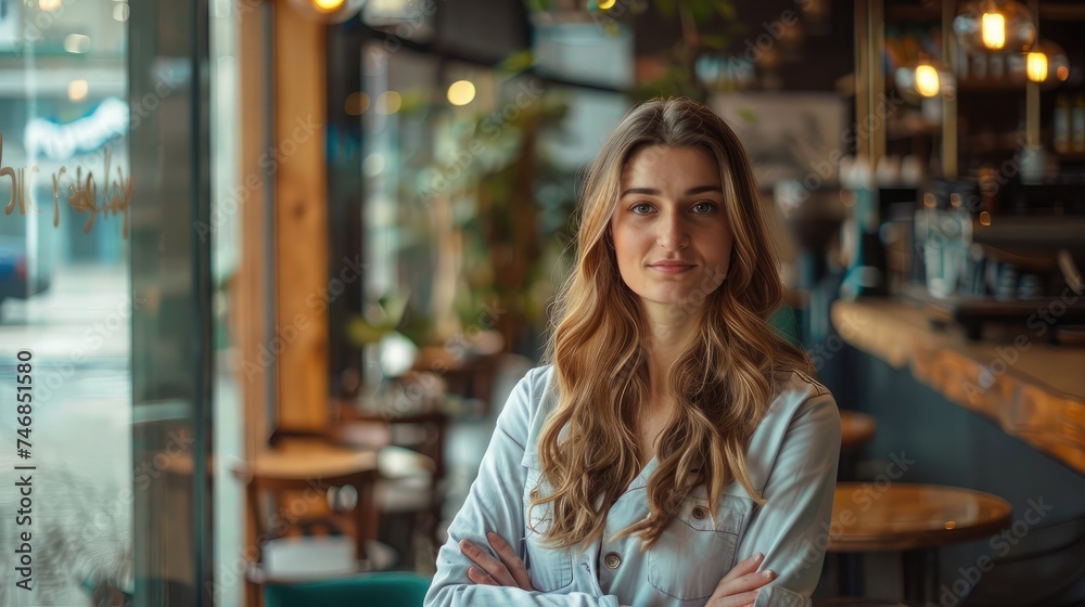 girl entrepreneur cafe employee posing in restaurant coffee shop interior, portrait