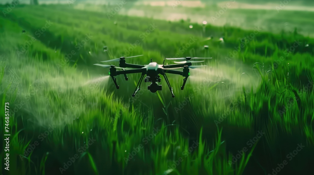 Modern technologies in agriculture. An industrial drone flies over a green field and sprays useful pesticides to increase productivity and destroys harmful insects. increase productivity