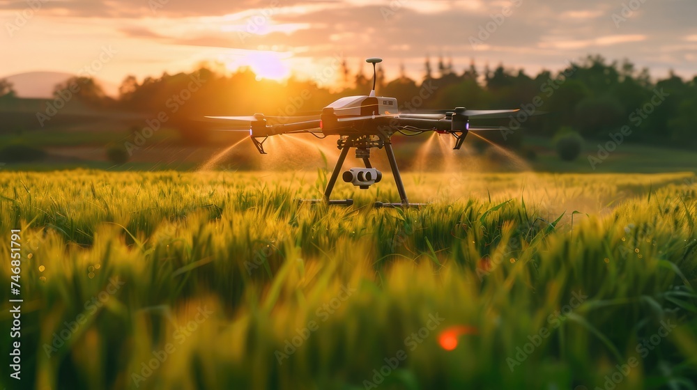 Modern technologies in agriculture. An industrial drone flies over a green field and sprays useful pesticides to increase productivity and destroys harmful insects. increase productivity