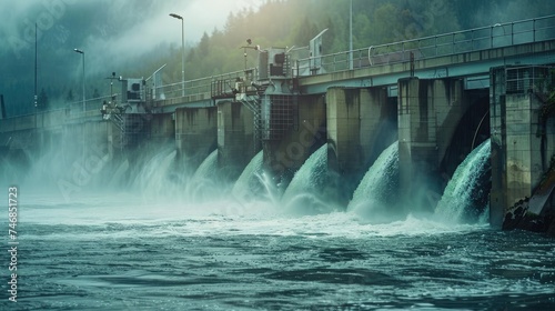 Hydroelectric power energy plant with turbines and water spills for generating green electricity. Free photo