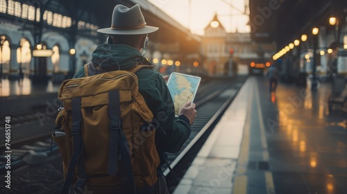 Wallpaper Mural Map in Backpack ,Mobile phone with earphone and hat at the train station with a traveler.sun set, Travel concept. Torontodigital.ca