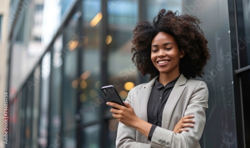 Smiling African American businesswoman confidently using cellphone outdoors at city street away from office photo