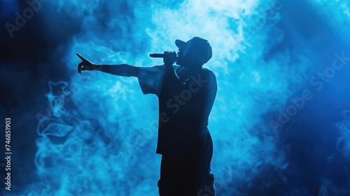 Silhouette of rap singer performing on stage. Bright blue background with hip hop artist performing on concert in night club photo