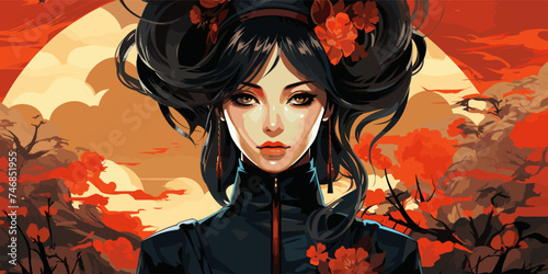 Portraits of a samurai devil girl. Retro anime style illustration vector