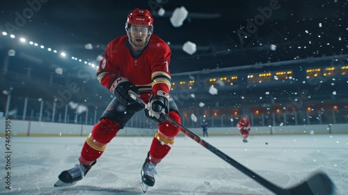 Ice hockey arena professional player shooting puck with stick, 3d flying puck in motion blur