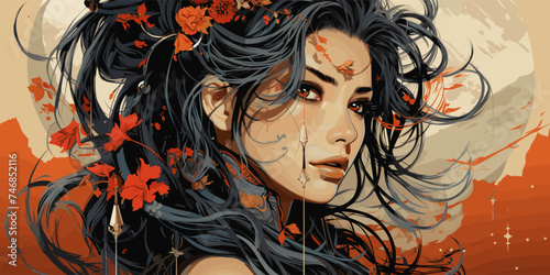 Portraits of a samurai devil girl. Retro anime style beautiful and strong characters. vector flat bright colors