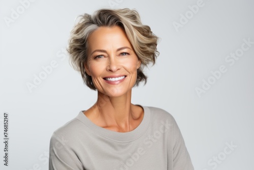 Happy smiling beautiful middle aged woman in casual clothes, over grey background