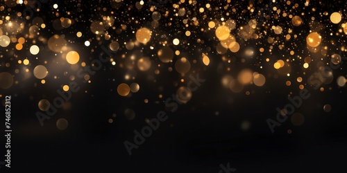 Golden glitter bokeh on black background. Holiday and celebration concept.