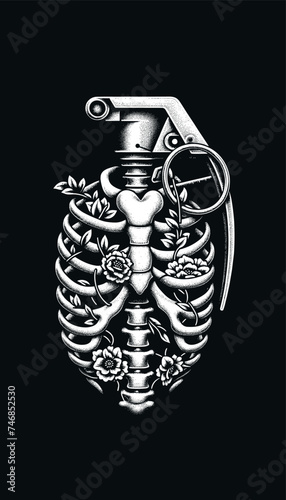  Floral Anatomical Heart with Grenade Pin

