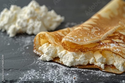 Stuffed cottage cheese crepes on a grey surface