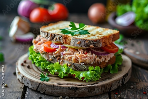 Tasty tuna sandwich with lettuce tomato and onion seen from the front with wood background