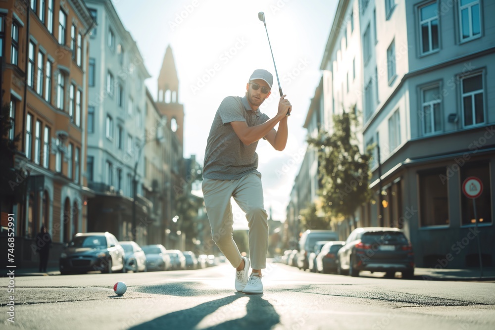 A man in urban setting holding a baseball bat, poised for action.