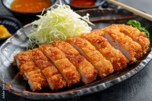 Tonkatsu a popular Japanese dish consists of deep fried pork loin served with cabbage slices It is made by coating the pork with breadcrumbs and frying it until g