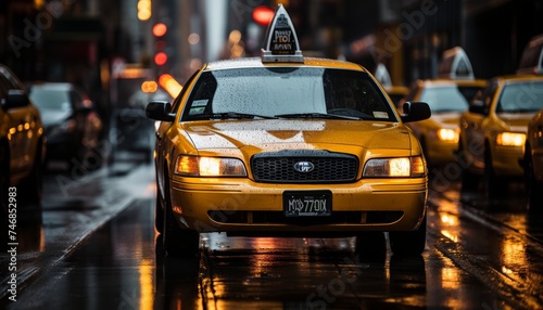 Nighttime new york city street scene with yellow taxi cabs in motion blur highquality 16k image