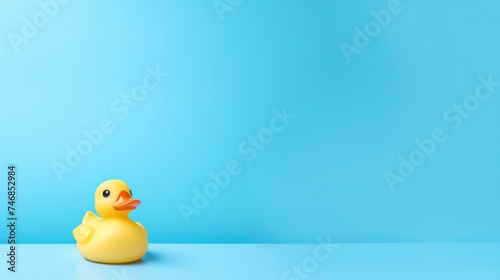Yellow rubber duck toy on blue background.