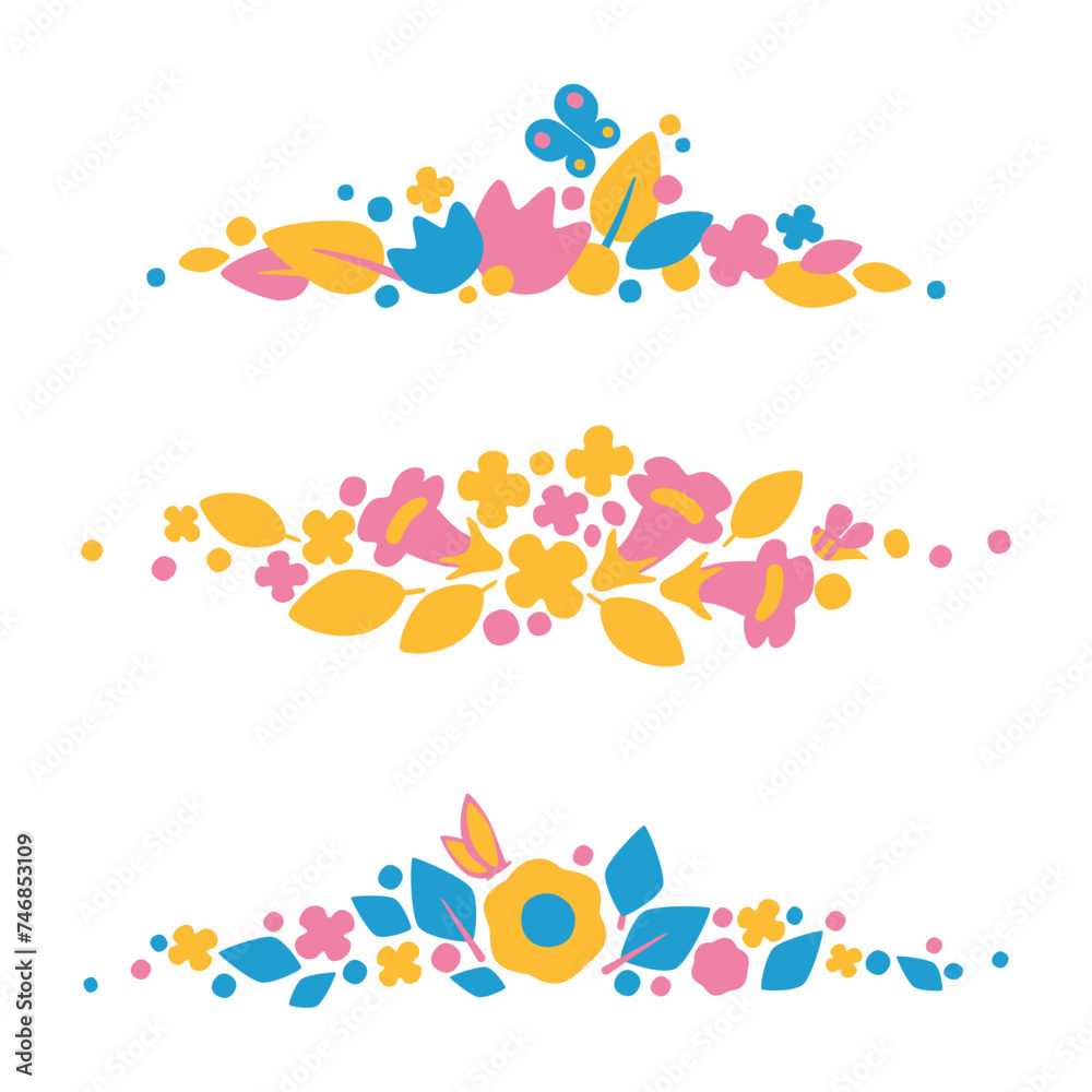 The collection of floral compositions for invitations, cards, congratulations. Plant and abstract elements for festive decoration. Hand drawing. Vector illustrations.
