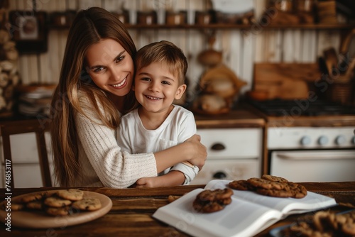 A cheerful mother smiles and hugs her son while reading a book together at a table with cookies.