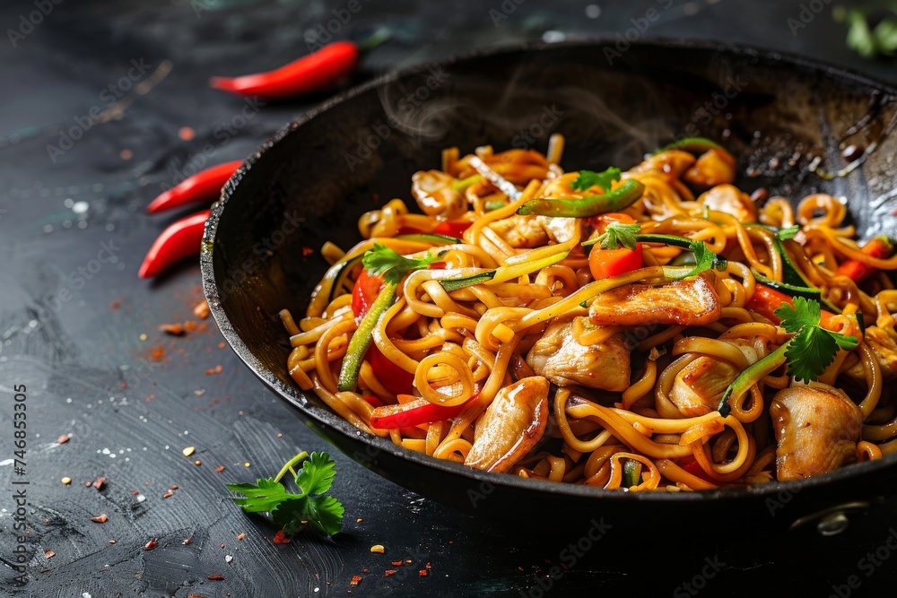 Udon noodles with chicken and veggies stir fried in a wok on a dark stone surface Udon noodles with chicken and veggies stir fried in a wok on a dark stone surface