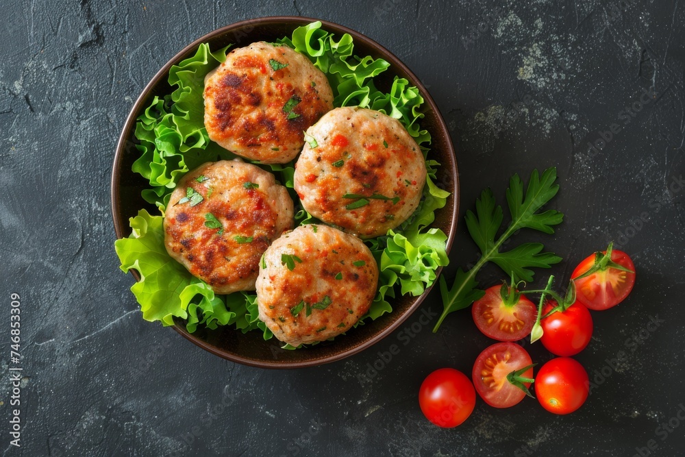 Top view of a bowl on a dark stone table containing minced meat cutlets with paprika tomatoes and greens Top view of a bowl on a dark stone table containing minced meat cutlets with paprika tomatoes and greens