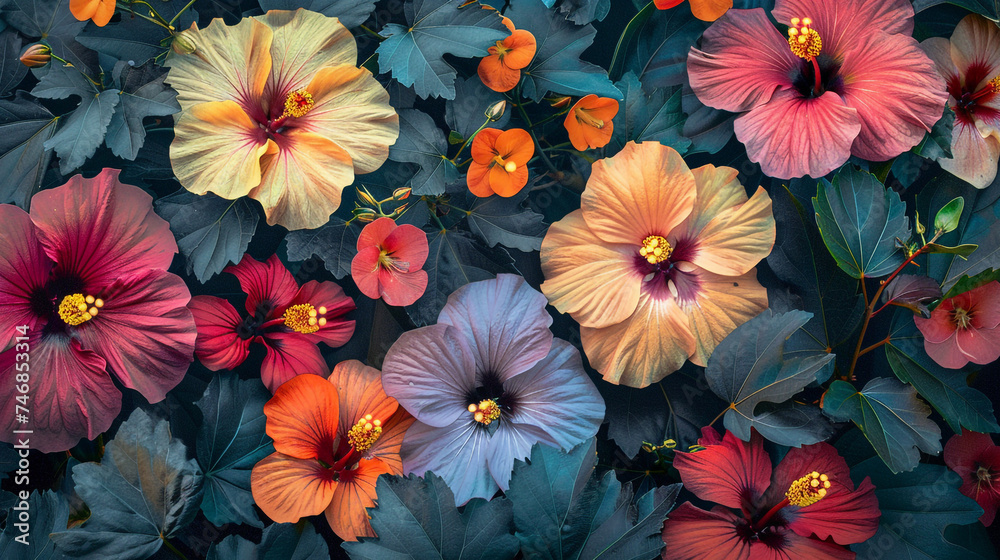 Poster design shows lots of vibrant hibiscus in various colors. In the style of pattern-based painting. Poster design shows lots of vibrant hibiscus in various colors. In the style of pattern-based painting.