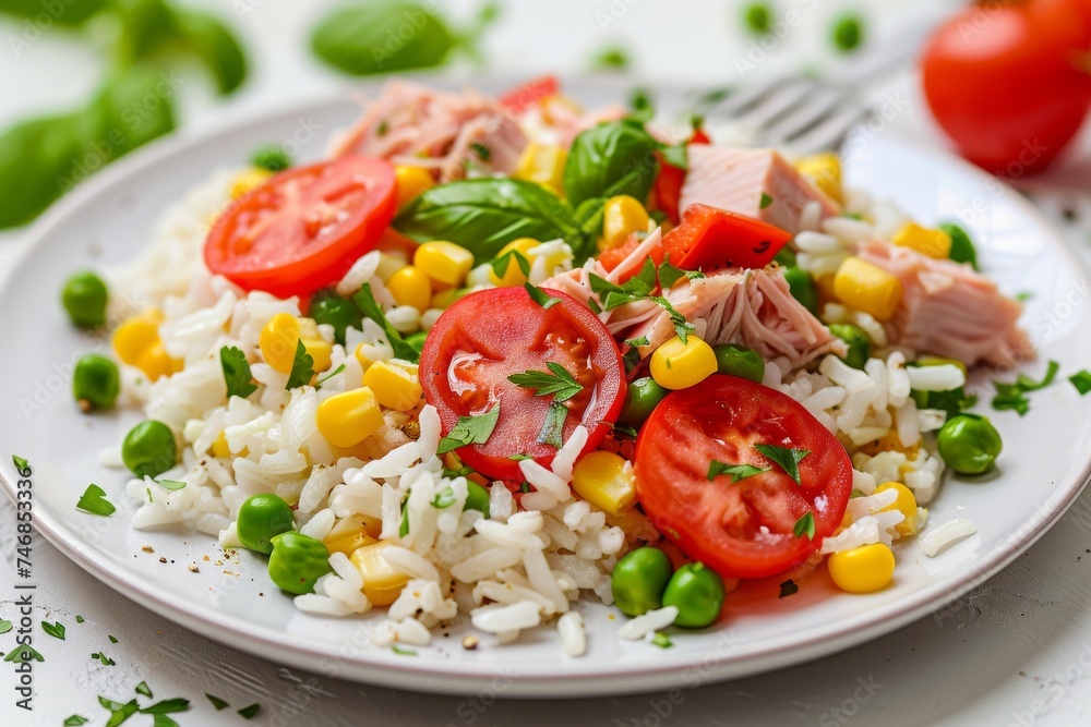 Top view of a rice salad with tuna tomatoes peppers corn peas and herbs on a plate