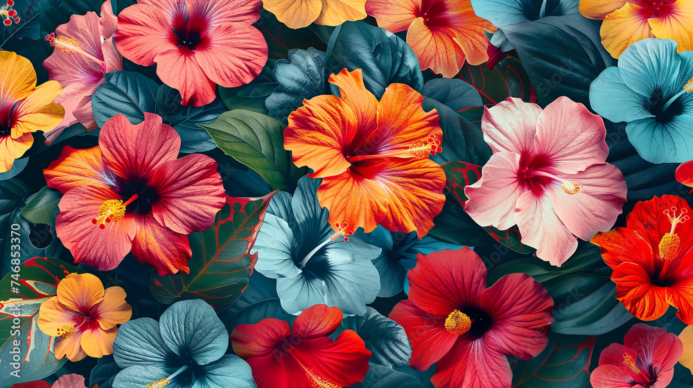 Poster design shows lots of vibrant hibiscus in various colors. In the style of pattern-based painting. 