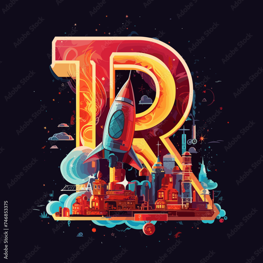 R letter with flying rocket ship silhouette icon. the combination of ...