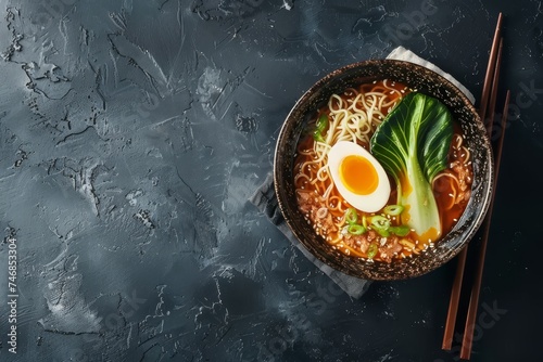 Top view of a bowl of Miso Ramen consisting of Asian noodles egg pork and pak choi cabbage on a dark background