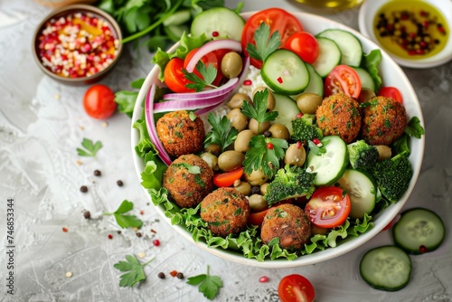 Top view of a traditional Israeli and Middle Eastern dish falafel