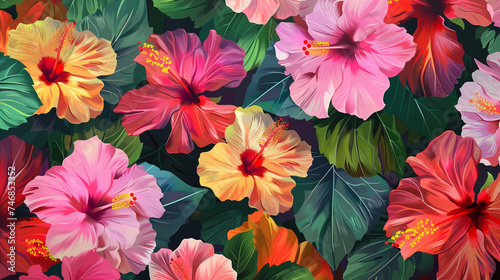 Poster design shows lots of vibrant hibiscus in various colors. In the style of pattern-based painting. 