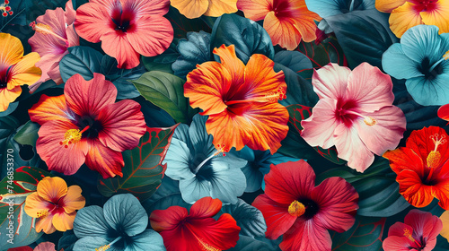 Poster design shows lots of vibrant hibiscus in various colors. In the style of pattern-based painting.  © Aisyaqilumar