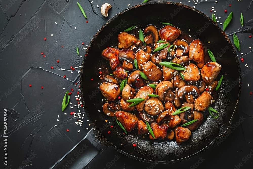 Top view of stir fried Asian style chicken with paprika mushrooms chives and sesame seeds on a black kitchen table - obrazy, fototapety, plakaty 