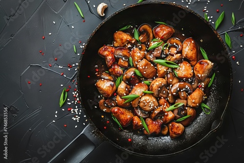 Top view of stir fried Asian style chicken with paprika mushrooms chives and sesame seeds on a black kitchen table