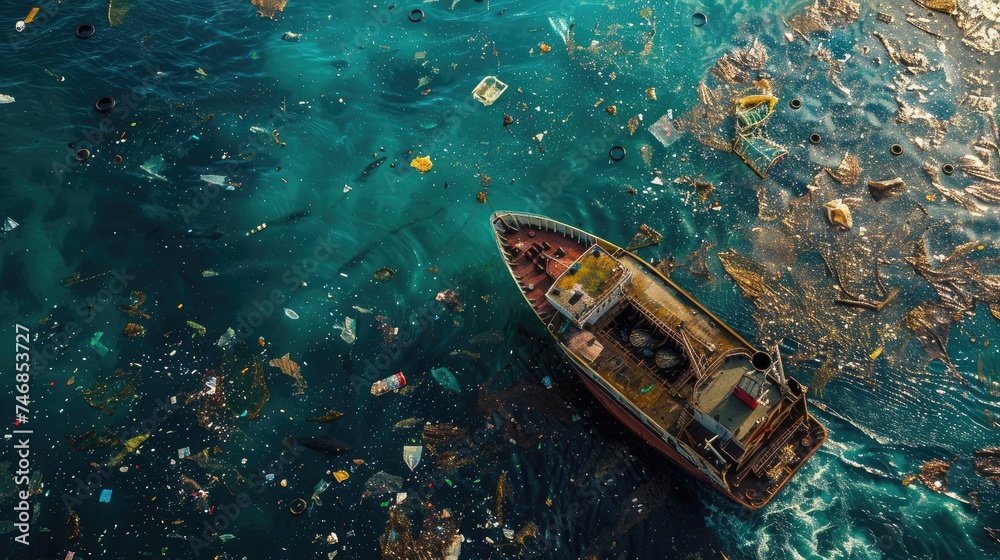 A ship sails across an ocean full of trash. A ship sails across an ocean full of trash.