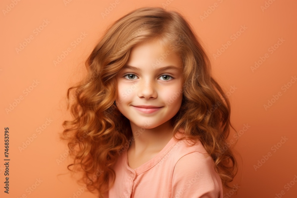 Portrait of a beautiful smiling little girl with long curly hair.