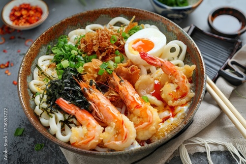 Traditional Japanese food consisting of tempura udon noodles with shrimp egg algae and leeks