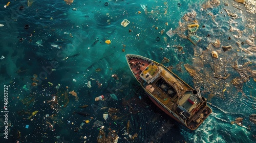 A ship sails across an ocean full of trash.