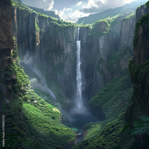 Verdant Hidden Valley: Majestic Waterfall Oasis, A majestic waterfall cascading down into a hidden valley, surrounded by towering cliffs and lush vegetation