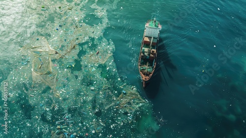 A ship sails across an ocean full of trash.