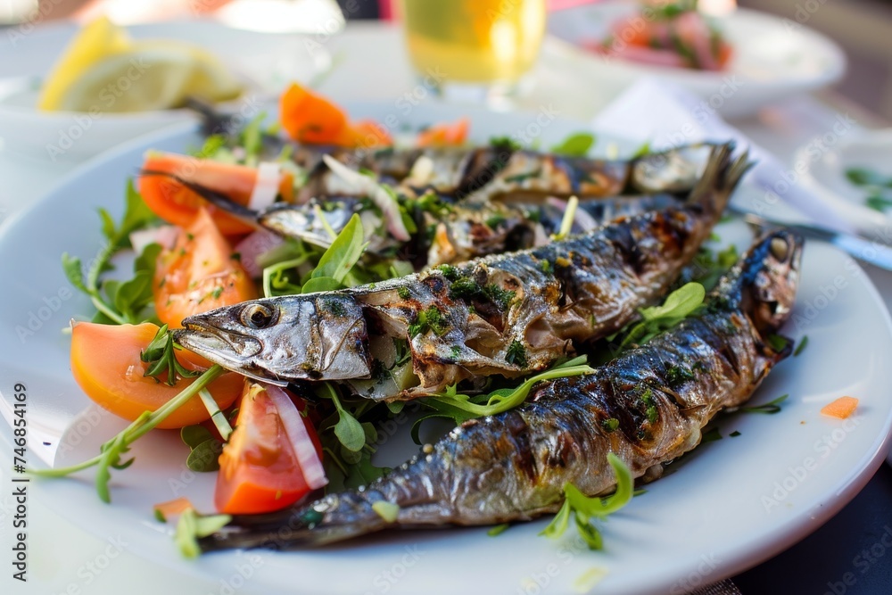 Typical Portuguese dish Grilled sardines with veggie salad Typical Portuguese dish Grilled sardines with veggie salad