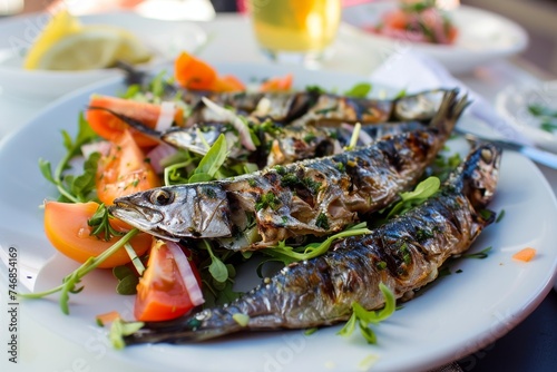 Typical Portuguese dish Grilled sardines with veggie salad
