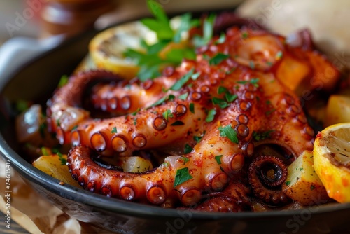 Typical Portuguese dish with potatoes and onions is octopus alla lagareiro photo