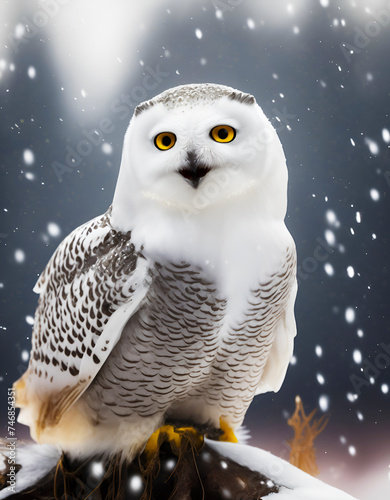 cute snowy owl in the snow, smiling bird in cold winter, wall art, wallpaper design photo